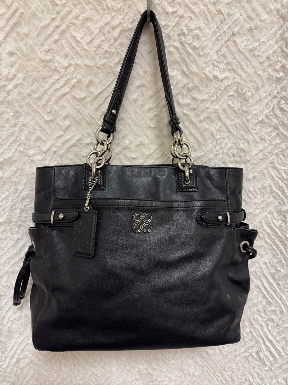 Coach Black Leather Tote with Chain-Detail Straps